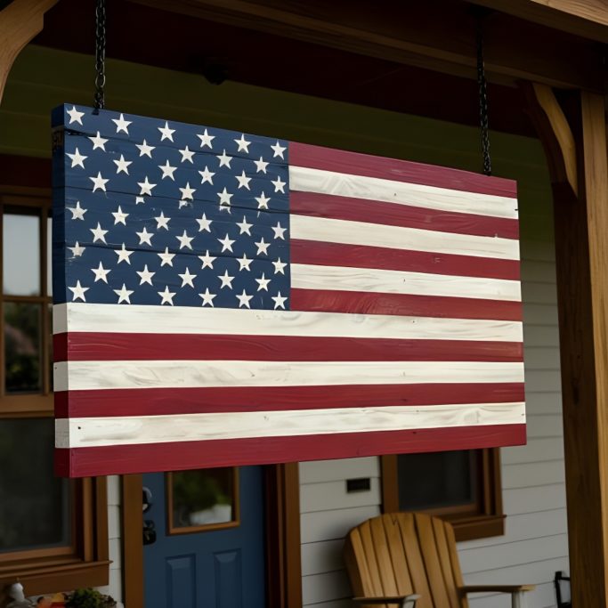Hand crafted American flag made of wood hanging on front porch