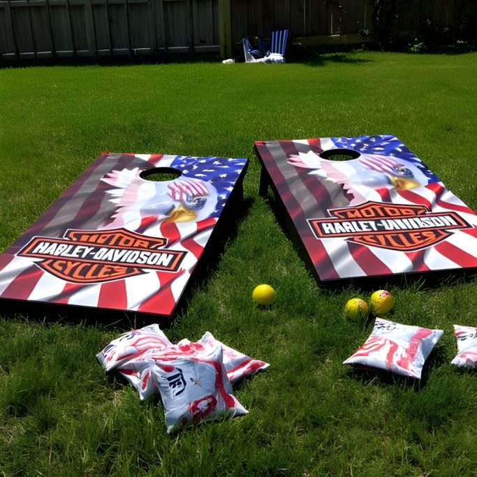 Custom cornhole boards with Harley Davidson design